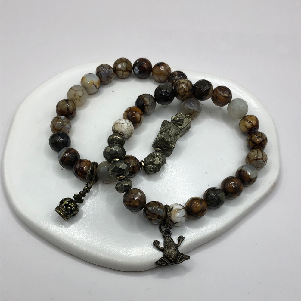 Natural polished stone bead brass frog crown charms roll on bracelets bundle 2.